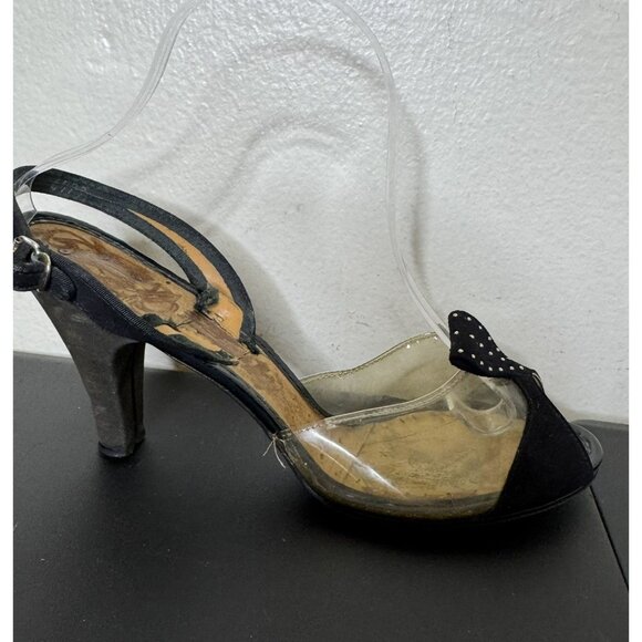 Vintage 40s Clear Plastic Black Suede Sling Back Open-Toe Heels, Vintage Shoes - Picture 4 of 11